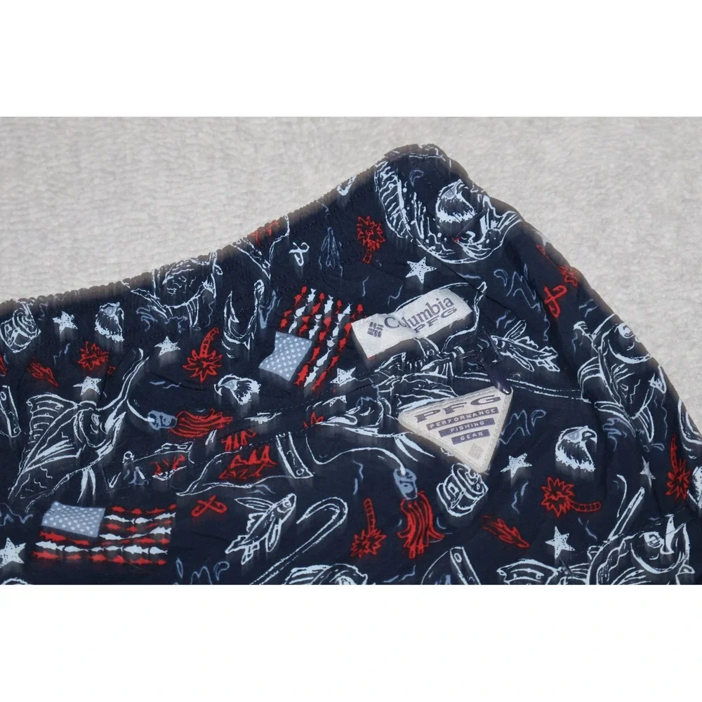 Columbia PFG Lined Swim Trunks Mens XL Navy Blue Fishing American Flag Print